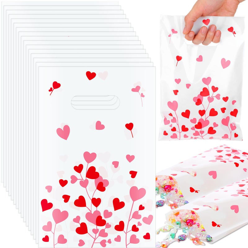 GliCraft 100 Pcs Valentine's Day Gift Bags with Handle 9.84'' x 6.5'' Plastic Love and Tree Branches Pattern Treat Bags Valentines Party Favors for Gifts Wrapping Wedding Party Supplies Decoration - Image 1