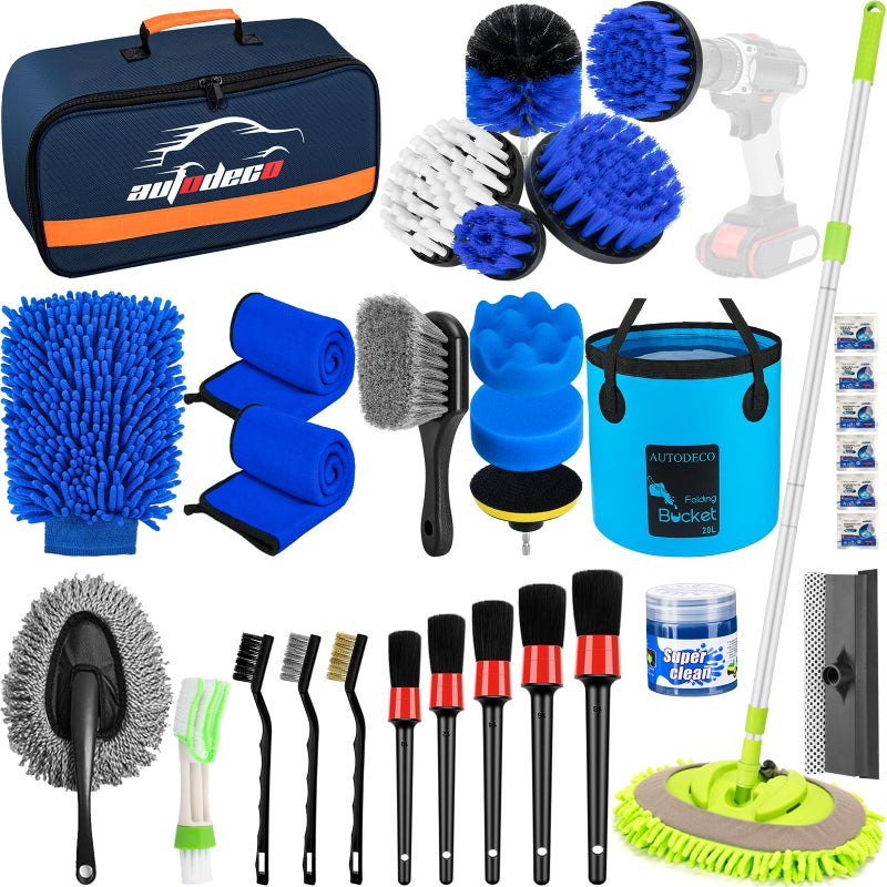 AUTODECO 32Pcs Car Detailing Brush Set Car Detailing Kit Auto Detailing Drill Brush Set Car Detailing Brushes Car Wash Cleaning Tools Kit with Wash Mop for Interior Exterior Wheels Blue