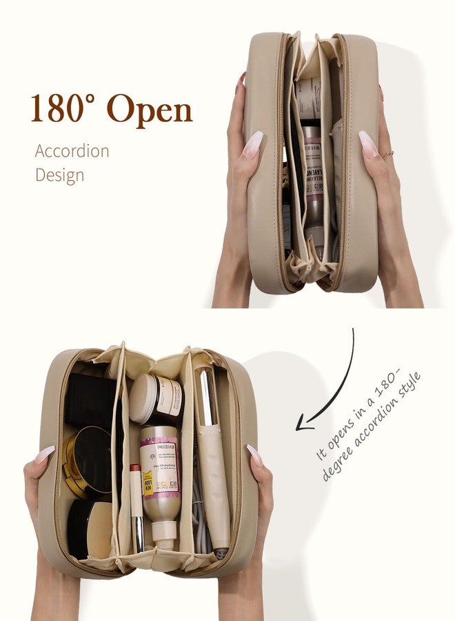 Pocmimut Makeup Bag,Open Flat Makeup Pouch Purse Car Accessories,Travel Essentials Organizer with Divider,Christmas Birthday Gifts for Mom and Lover,Apricot - Image 3