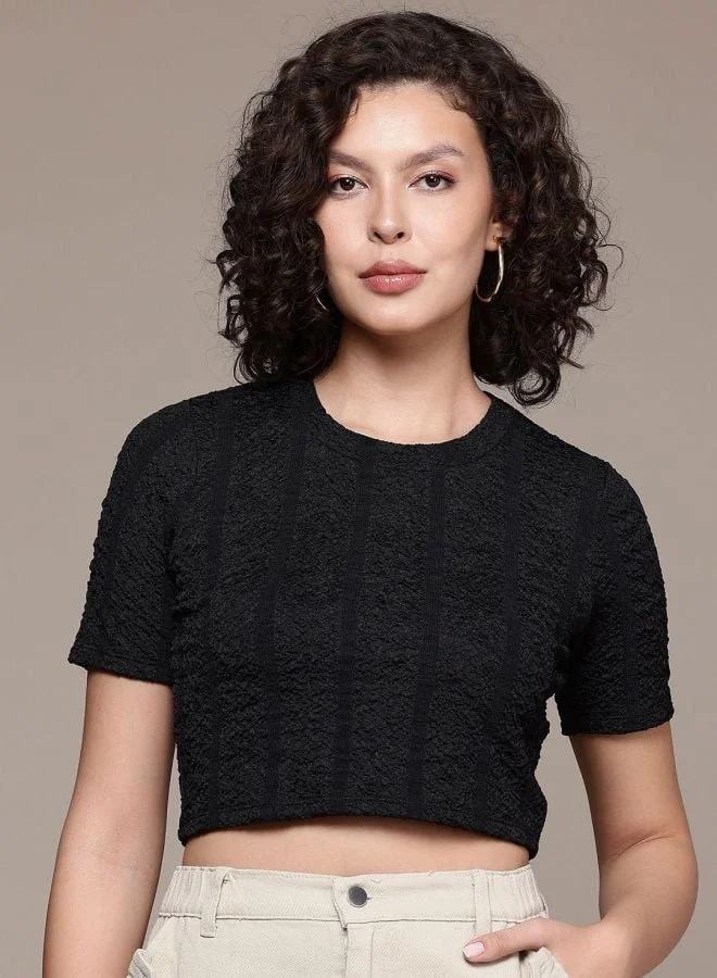 Freehand Women Regular Fit Textured Crew Neck Short Sleeve Regular Top
