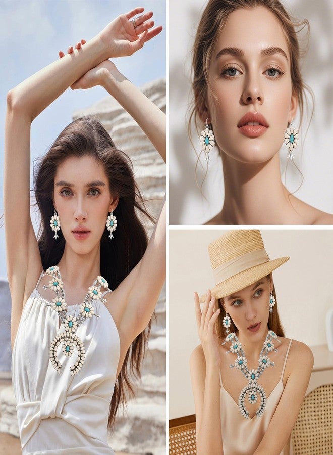 JMScape 4 PCS Western Turquoise Jewelry for Women Boho Vintage Navajo Pearl Necklace Earring Bracelet Ring Set Country Cowgirl Accessories for Gift, Large, Metal, Turquoise - Image 4