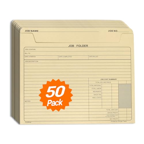 YvnShine 50 Pack Job Folder for Project Management, Heavy Duty Manila File Jacket 10x12 Inch, Preprinted for Job Tracking & Cost Calculation - Image 1