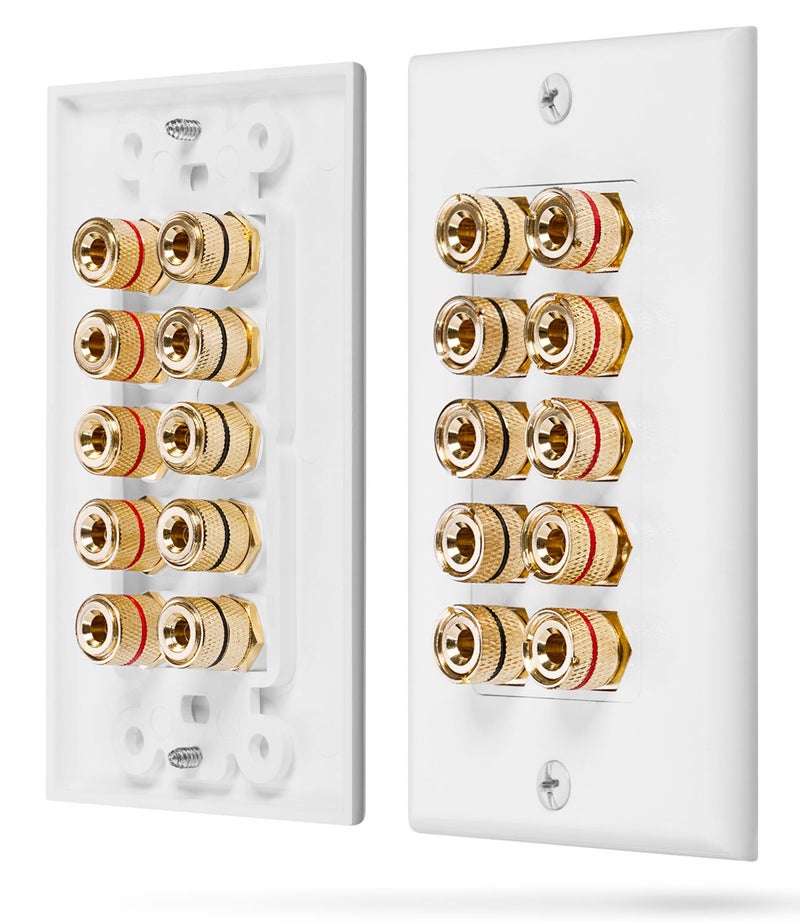 Fosmon [Five Speaker] Home Theater Wall Plate - Premium Quality Gold Plated Copper Banana Binding Post Coupler Type Audio Wall Plate for 5 Speakers (White) - Image 1