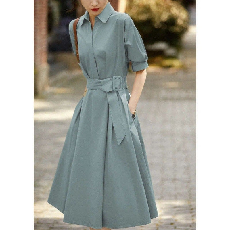 Work Coat Lapel Lace-up Waist Shirt dress Womens Clothing 2023 Summer New Elegant A- Line Skirt Gray blue - Image 1