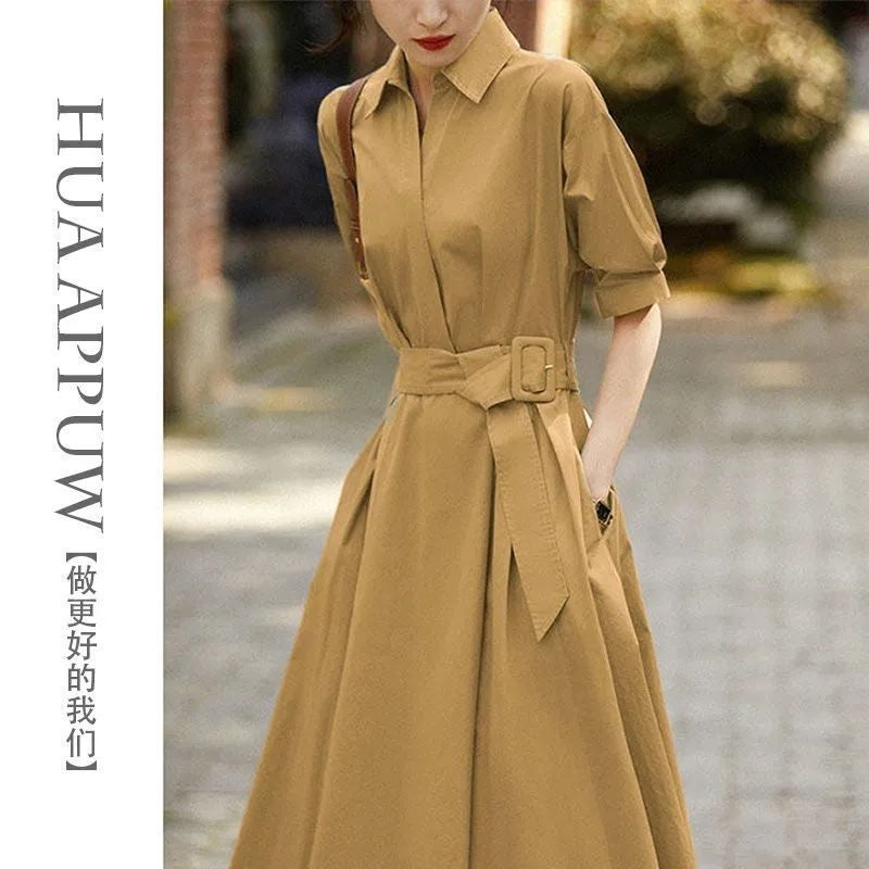 Work Coat Lapel Lace-up Waist Shirt dress Womens Clothing 2023 Summer New Elegant A- Line Skirt Gray blue - Image 2