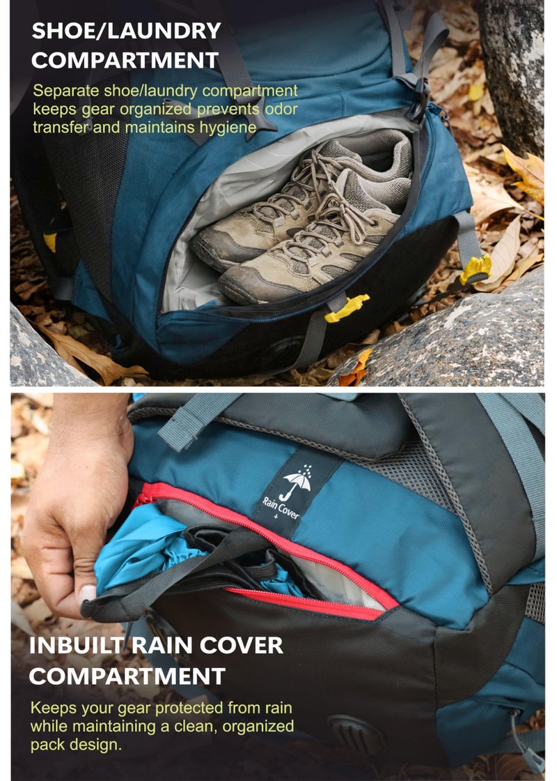 TRAWOC TREKELITE 60L Travel Backpack Hiking Trekking Bag Camping Rucksack for Men & Women with Water Proof Rain Cover/Shoe Compartment MHK004, 3 Year Warranty, English Blue - Image 4