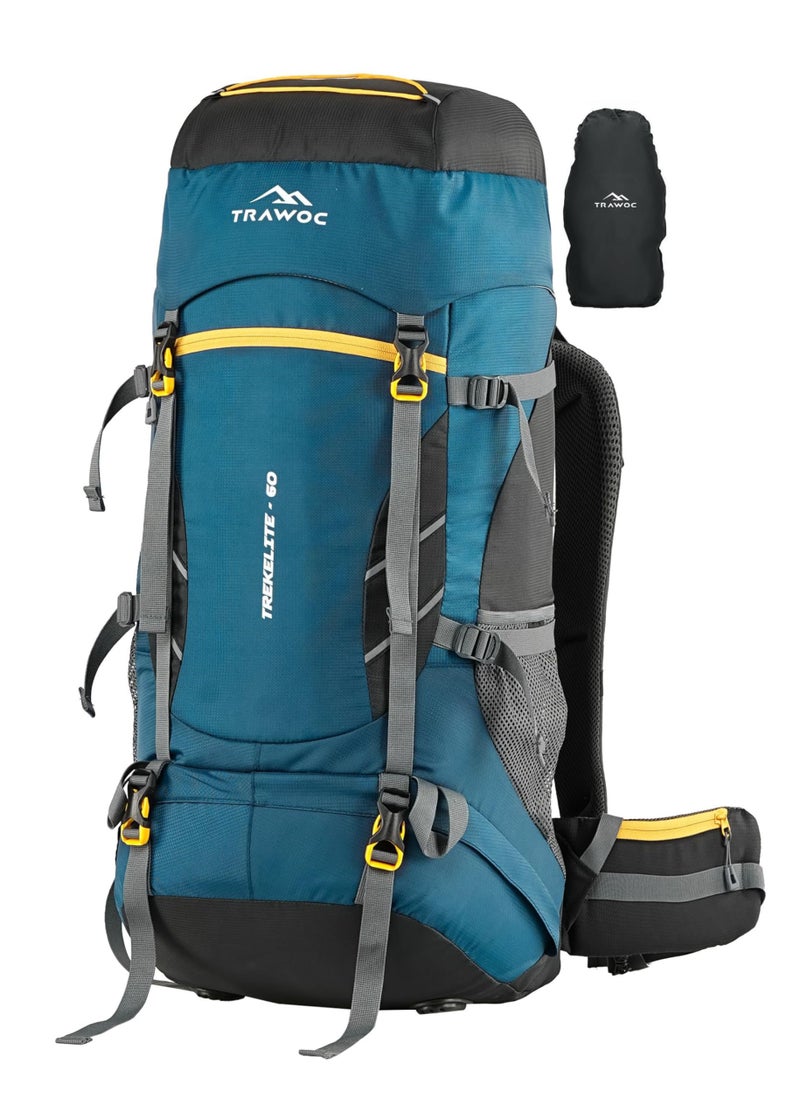 TRAWOC TREKELITE 60L Travel Backpack Hiking Trekking Bag Camping Rucksack for Men & Women with Water Proof Rain Cover/Shoe Compartment MHK004, 3 Year Warranty, English Blue - Image 1