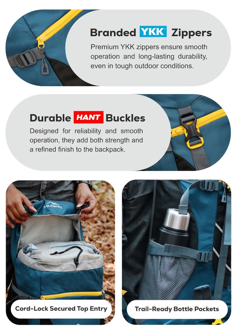 TRAWOC TREKELITE 60L Travel Backpack Hiking Trekking Bag Camping Rucksack for Men & Women with Water Proof Rain Cover/Shoe Compartment MHK004, 3 Year Warranty, English Blue - Image 2