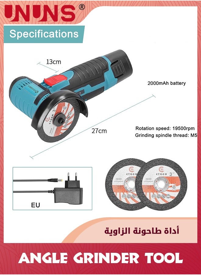 UNUNS - أداة طاحونة الزاوية، طاحونة زاوية صغيرة لاسلكية 12 فولت 19500 دورة في الدقيقة مع 2 قطعة شفرة قطع - لأغراض القطع وإزالة البروز وإزالة الصدأ، زرقاء - Image 1