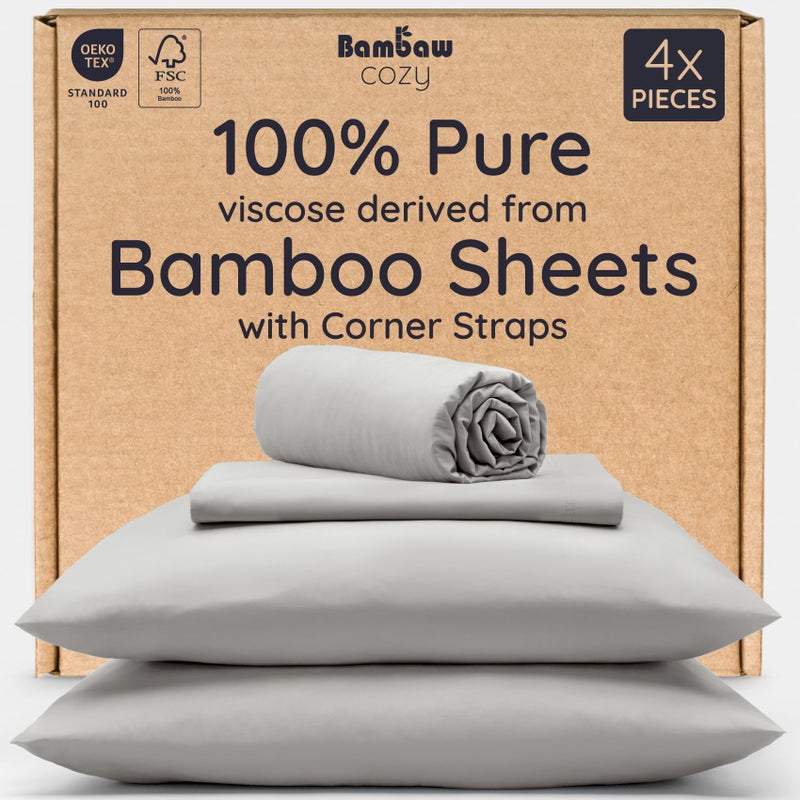 Bambaw Queen Sheet Set â€“ 4pcs 100% Viscose Derived from Bamboo Sheets Set, Cooling Sheets for Night Sweats, Soft Queen Sheets, Hotel Luxury Bed Sheets Set, 16'' Deep Pockets (Moonlight Gray) - Image 1