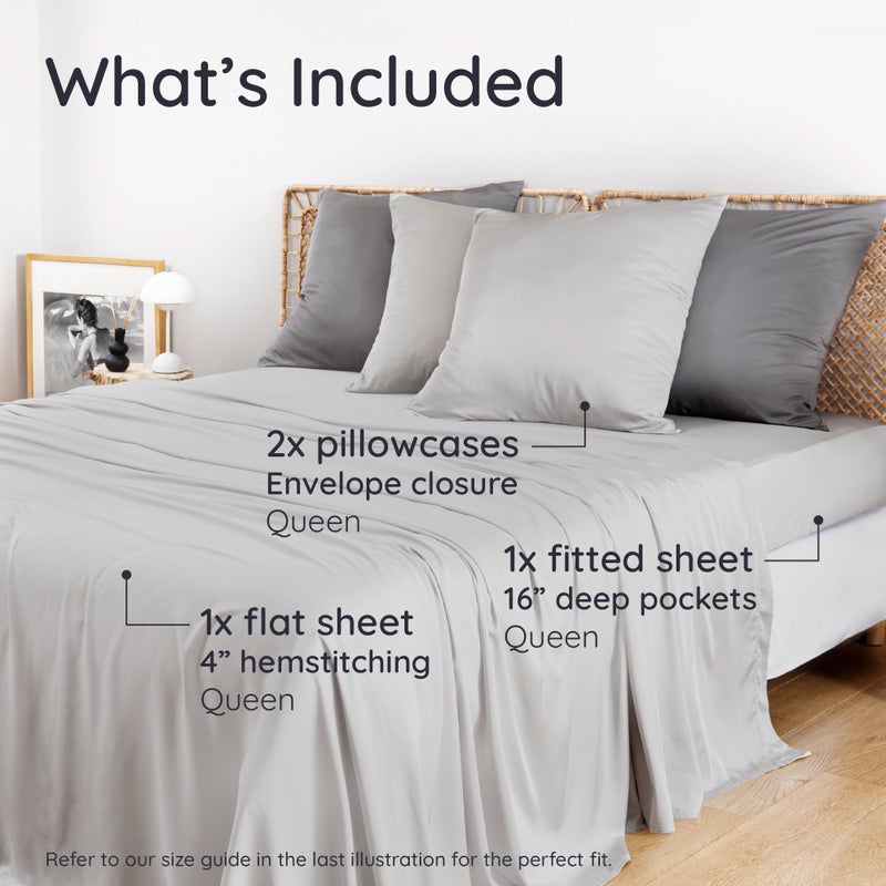 Bambaw Queen Sheet Set â€“ 4pcs 100% Viscose Derived from Bamboo Sheets Set, Cooling Sheets for Night Sweats, Soft Queen Sheets, Hotel Luxury Bed Sheets Set, 16'' Deep Pockets (Moonlight Gray) - Image 2