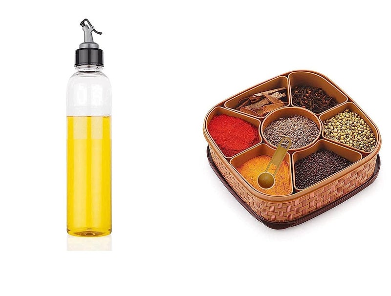 WHEEL CREW 1 Litre Oil Dispenser for Cooking Spice Box for Kitchen Oil Dispenser Bottle Masala Box 7 Sections Multipurpose Masala Rangoli Dabba Box Set Oil Container for Cooking - Image 1