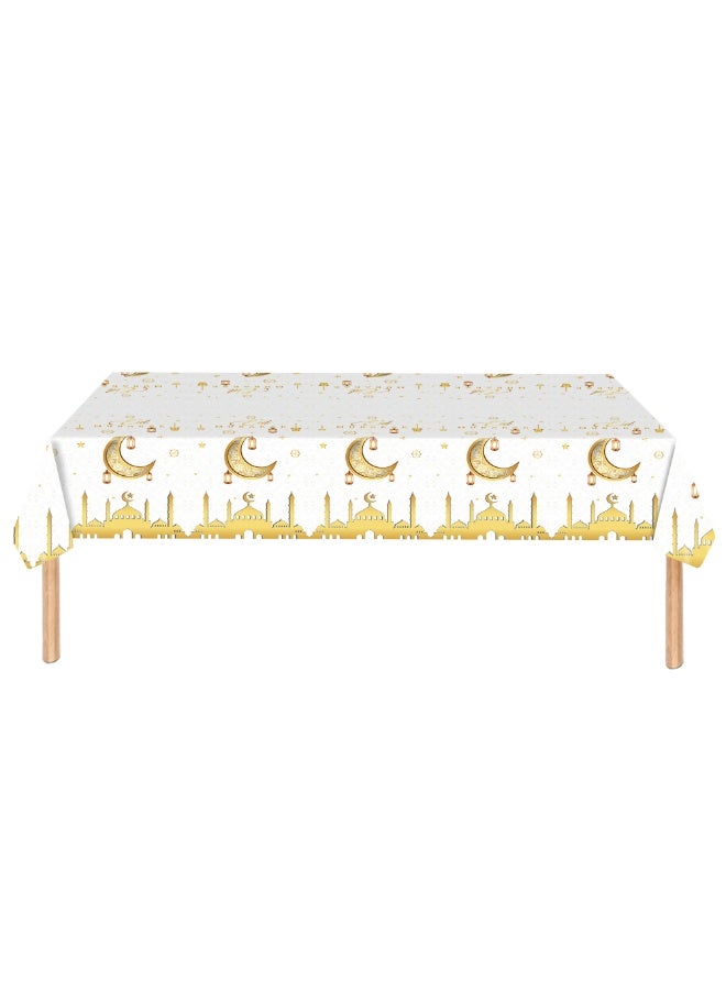 Ramadan Plastic Disposable TableCloth,White and Gold Mosque Moon Star Lamp Tablecloths for Ramadan Party Supplies 54×108Inches - Image 1