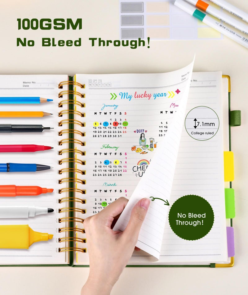 dilitego Hardcover Spiral Notebook journal with Removable Dividers Tabs, 300 Pages Leather 5 Subject Notebook College Ruled, 100GMS A5 Notebooks for Work School Note taking,Lined Journal for Women,A5-Green - Image 5