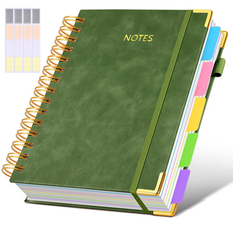 dilitego Hardcover Spiral Notebook journal with Removable Dividers Tabs, 300 Pages Leather 5 Subject Notebook College Ruled, 100GMS A5 Notebooks for Work School Note taking,Lined Journal for Women,A5-Green - Image 1