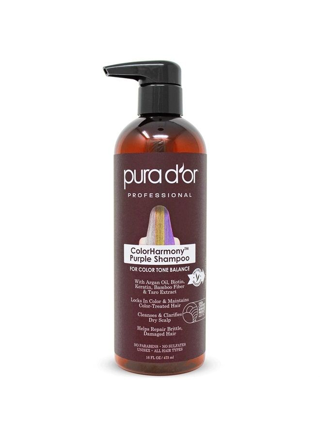 Pura d'or ColorHarmony Purple Shampoo (16oz) For Bleached, Blonde, Silver & Color Treated Hair - Keratin, Bamboo Fiber, No Sulfates, Natural Ingredients - Men & Women