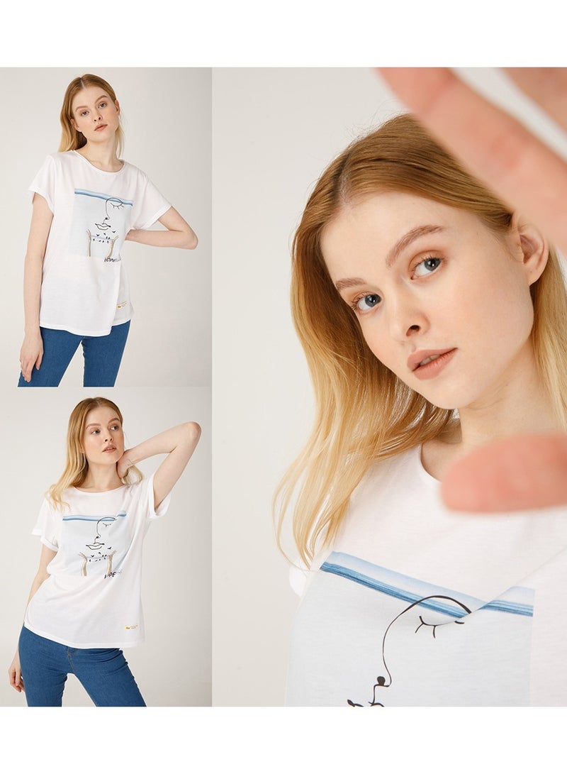 Biggdesign Faces Hope Women's T-Shirt, Cotton Material, Custom Design, White T-shirt, Size S - Image 2