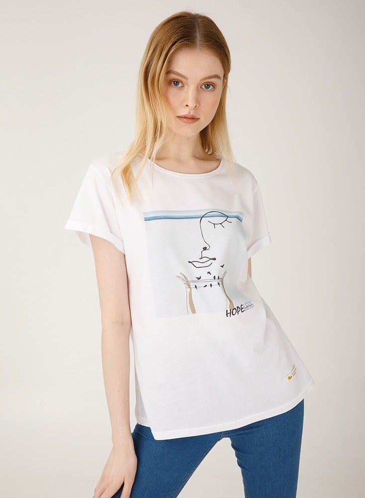 Biggdesign Faces Hope Women's T-Shirt, Cotton Material, Custom Design, White T-shirt, Size S - Image 1