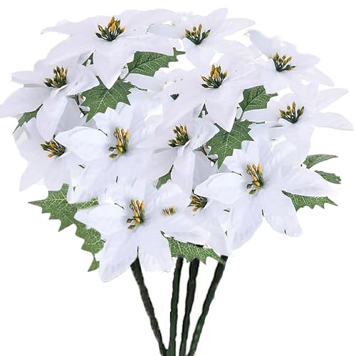 FERIAL Artificial Poinsettia Bushes Christmas Artificial Flowers 1338 Inch Faux White 7 Heads Silk Poinsettia Artificial Christmas Flower White for Home Decor - Image 1