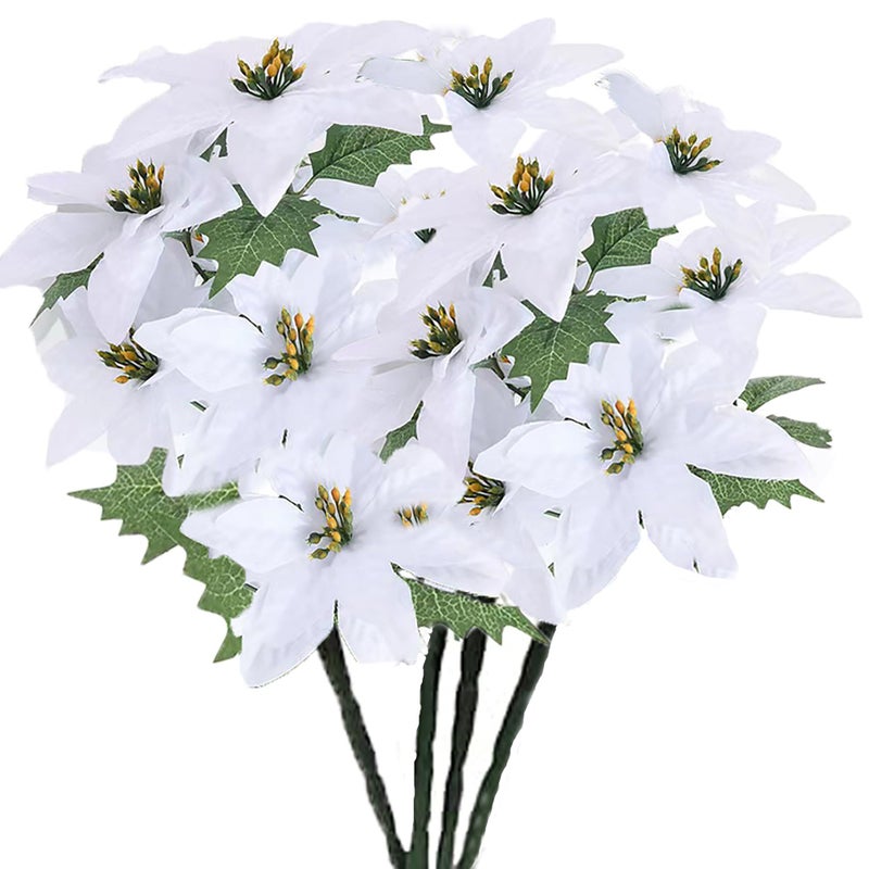 FERIAL Artificial Poinsettia Bushes Christmas Artificial Flowers 1338 Inch Faux White 7 Heads Silk Poinsettia Artificial Christmas Flower White for Home Decor - Image 2