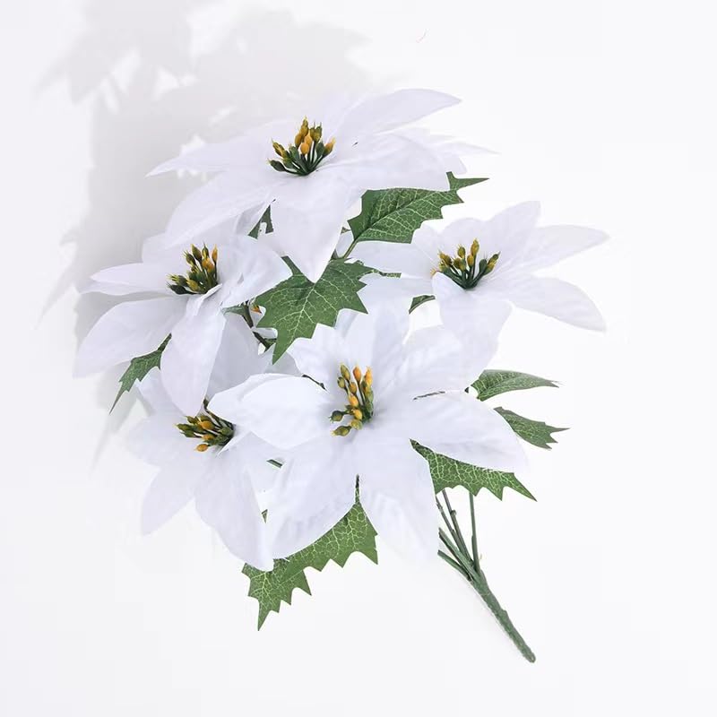 FERIAL Artificial Poinsettia Bushes Christmas Artificial Flowers 1338 Inch Faux White 7 Heads Silk Poinsettia Artificial Christmas Flower White for Home Decor - Image 3