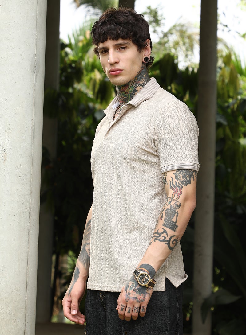 Campus Sutra Men's Ecru Beige Texture-Lined Polo T-Shirt For Casual Wear | Polo Neck | Short Cuffed Sleeves | Half-Button Closure | T-Shirt Crafted With Comfort Fit For Everyday Wear  - Image 3