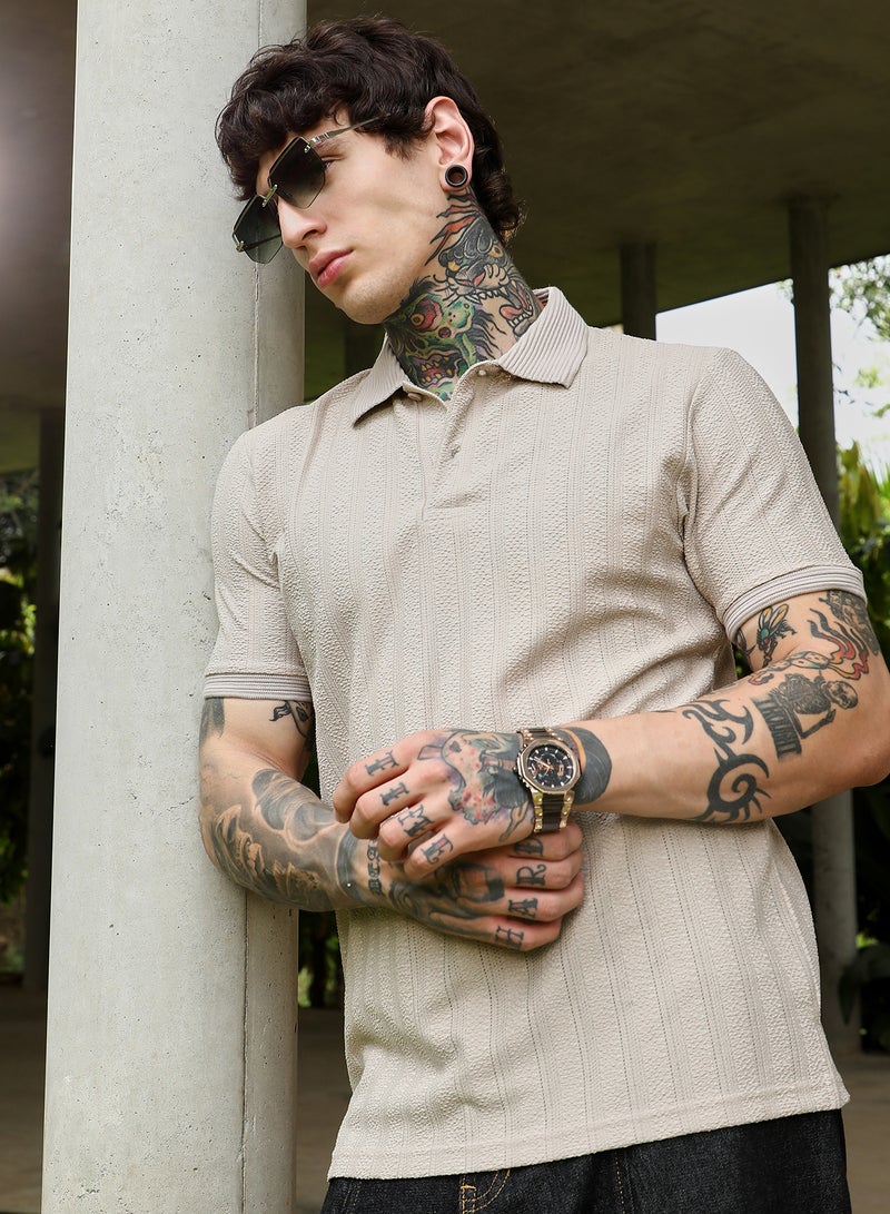 Campus Sutra Men's Ecru Beige Texture-Lined Polo T-Shirt For Casual Wear | Polo Neck | Short Cuffed Sleeves | Half-Button Closure | T-Shirt Crafted With Comfort Fit For Everyday Wear  - Image 1