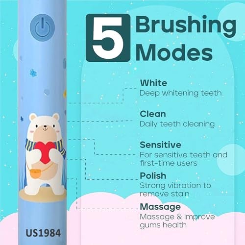 US1984 Sonic Electric Toothbrush for Adults with 5 Modes, 3 Brush Heads & Rechargeable, Last up to 30 Days, Ultra Soft Nylon Bristles, IPX7 Waterproof, Kids Power Toothbrush (Blue) - Image 2