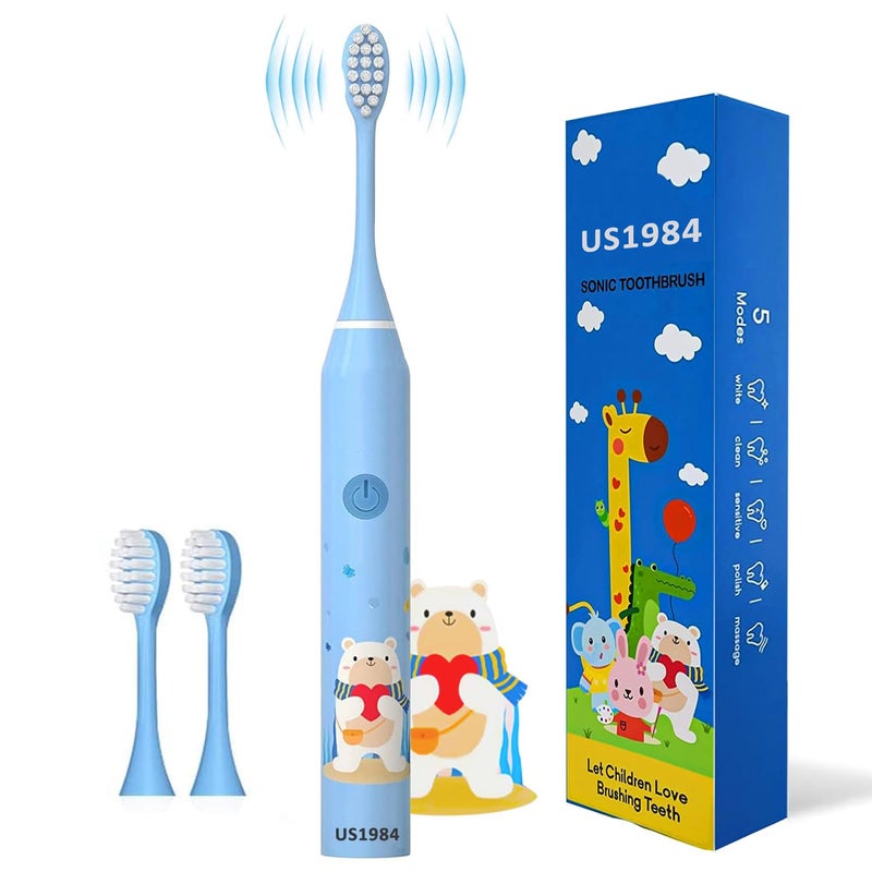 US1984 Sonic Electric Toothbrush for Adults with 5 Modes, 3 Brush Heads & Rechargeable, Last up to 30 Days, Ultra Soft Nylon Bristles, IPX7 Waterproof, Kids Power Toothbrush (Blue) - Image 4