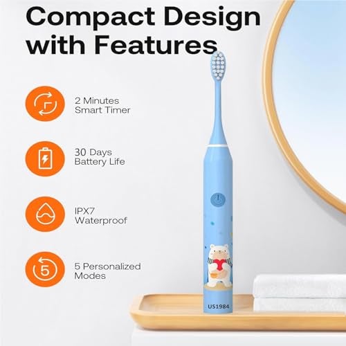 US1984 Sonic Electric Toothbrush for Adults with 5 Modes, 3 Brush Heads & Rechargeable, Last up to 30 Days, Ultra Soft Nylon Bristles, IPX7 Waterproof, Kids Power Toothbrush (Blue) - Image 5