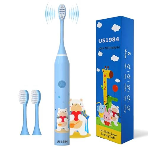 US1984 Sonic Electric Toothbrush for Adults with 5 Modes, 3 Brush Heads & Rechargeable, Last up to 30 Days, Ultra Soft Nylon Bristles, IPX7 Waterproof, Kids Power Toothbrush (Blue) - Image 1
