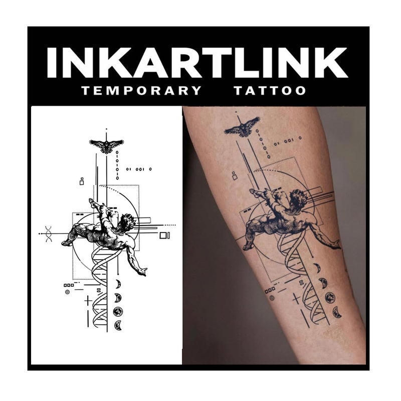 INKARTLINK Tattoo Tech2 Sheets ExtraLarge Semi Permanent Tattoo Adult Art Design Temporary Tattoos Lasts 12 Weeks Waterproof Realistic look No Adhesive No reflection Descending Angel Design