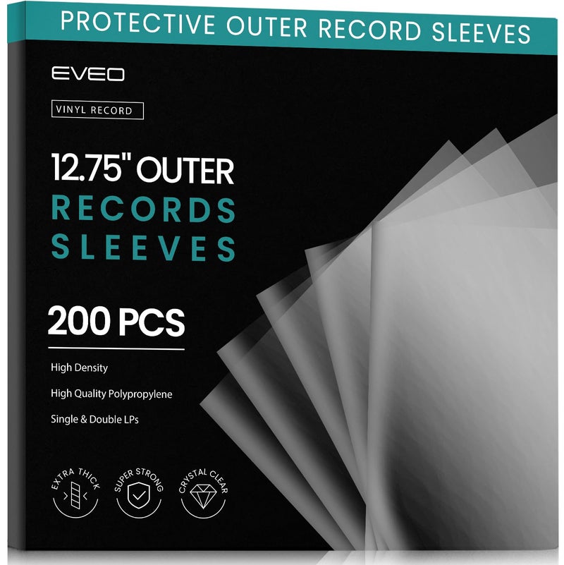 EVEO 200 Vinyl Record Sleeves Outer – Crystal Clear Outer Vinyl Sleeves LP Album Covers 12.75"x12.75" | Perfect Fit Protective 3 Mil Protection for Single & Double LPs - Archival Quality - Image 1