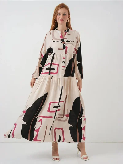 BIG DART BDART Printed V-Neck Maxi Dress with Button Closure