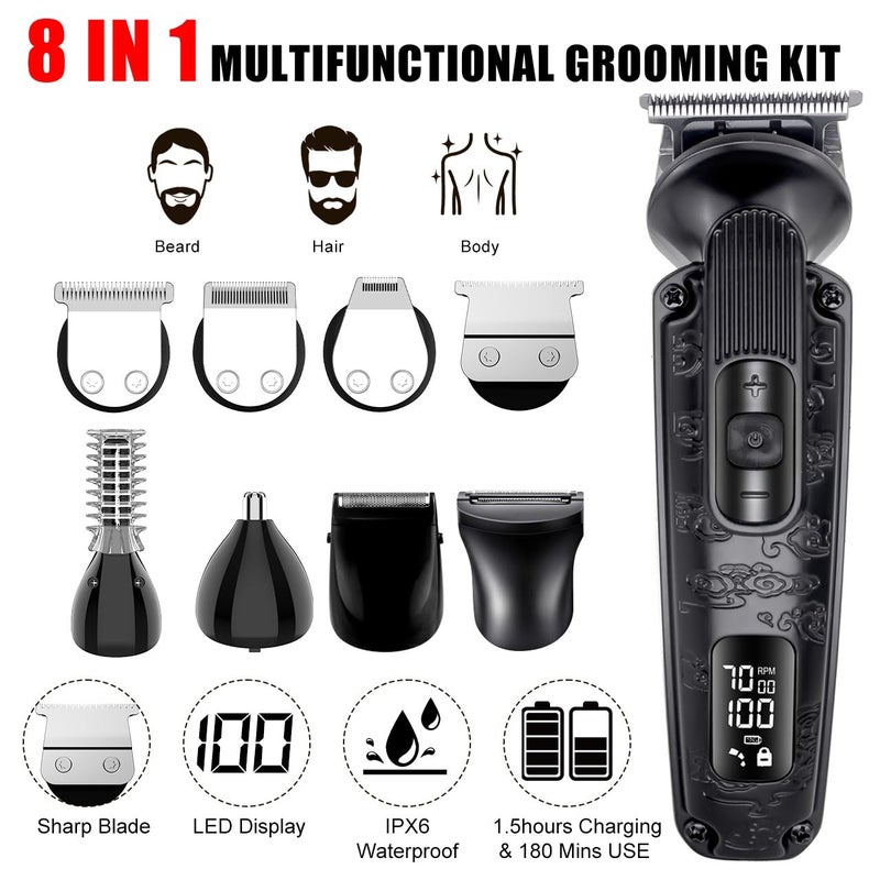 Hatteker Beard Trimmer for Men Beard Grooming Kit Hair Clipper Electic Razor Shavers Cordless Waterproof Nose Body Mustache Trimmer 8 in 1 Adjustable Speed Black - Image 2
