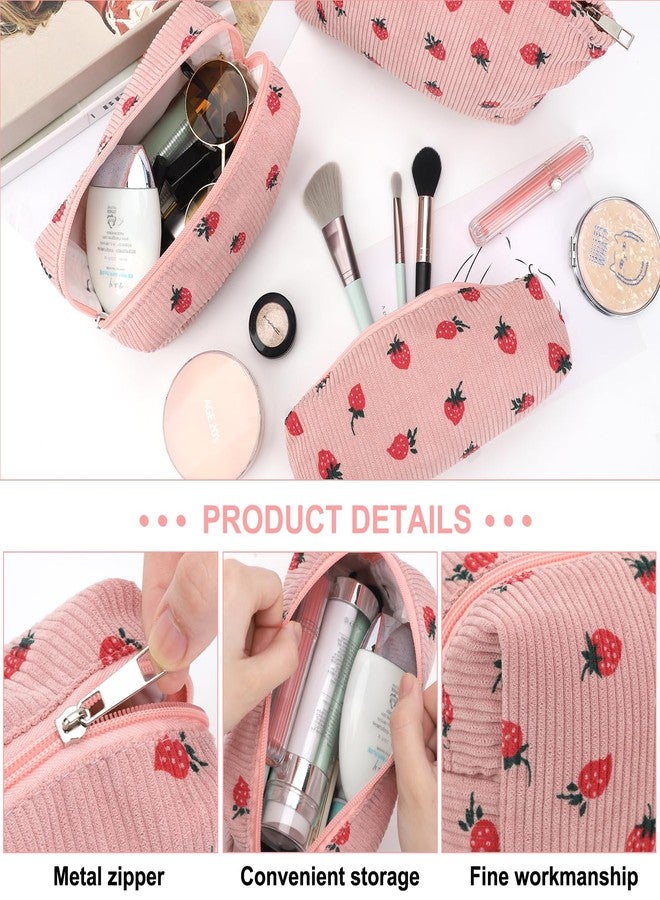 EIMMBD Makeup Bag 3 Pieces Large Capacity Cosmetic Bag Travel Toiletry Bag Organizer Cute Makeup Bag Pouch Storage Bag for Women(Pink Strawberry) - Image 4