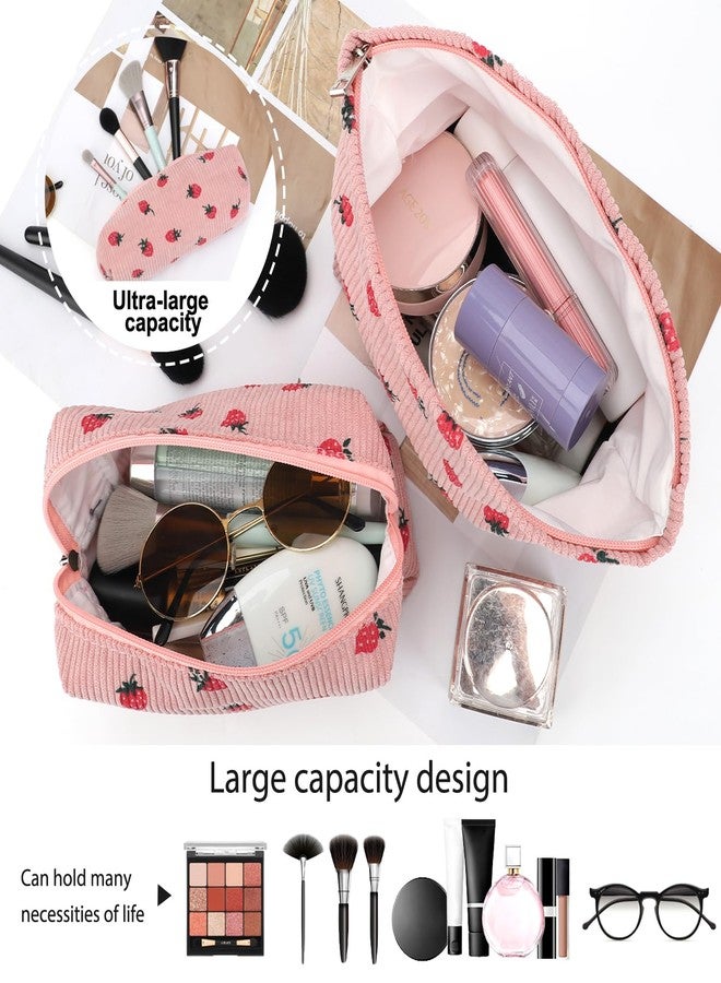 EIMMBD Makeup Bag 3 Pieces Large Capacity Cosmetic Bag Travel Toiletry Bag Organizer Cute Makeup Bag Pouch Storage Bag for Women(Pink Strawberry) - Image 3