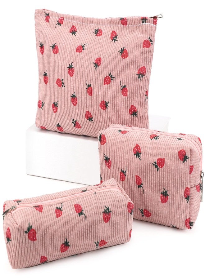 EIMMBD Makeup Bag 3 Pieces Large Capacity Cosmetic Bag Travel Toiletry Bag Organizer Cute Makeup Bag Pouch Storage Bag for Women(Pink Strawberry) - Image 1