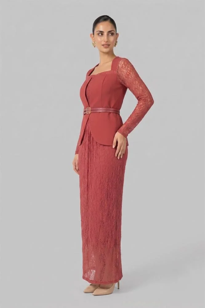 Opera Fashion Lace & Crepe Long Evening Dress with Belt