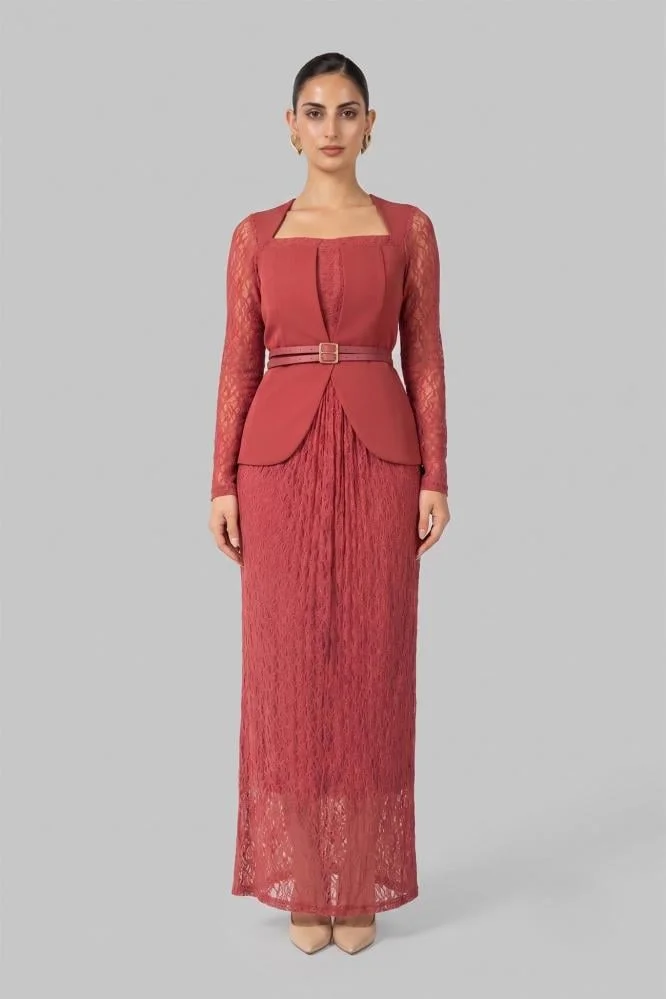 Opera Fashion Lace & Crepe Long Evening Dress with Belt