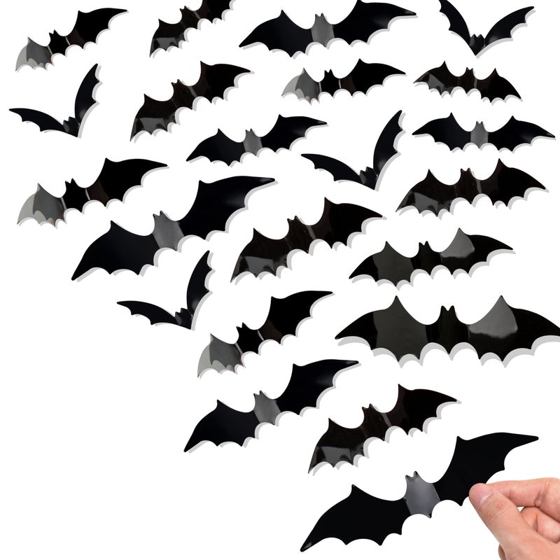 Bobobag 120 Pcs 3D Bats Halloween DecorationsHalloween Wall Decor 4 Sizes Black Bats Sticker for Wall Window