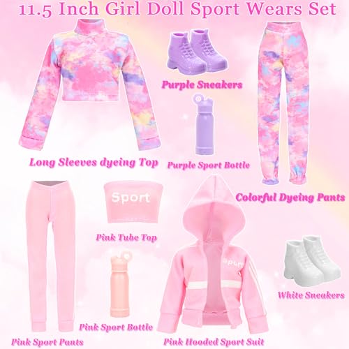 HONLAELLA 24 PCS Doll Clothes Accessories 8 Set Clothing Includes Sport Outfit Hooded Dress Sportsuits Skirt with 8 Pairs of Shoes 8 Accessories for 115 Inch Girl Dolls Cool Style Set - Image 5