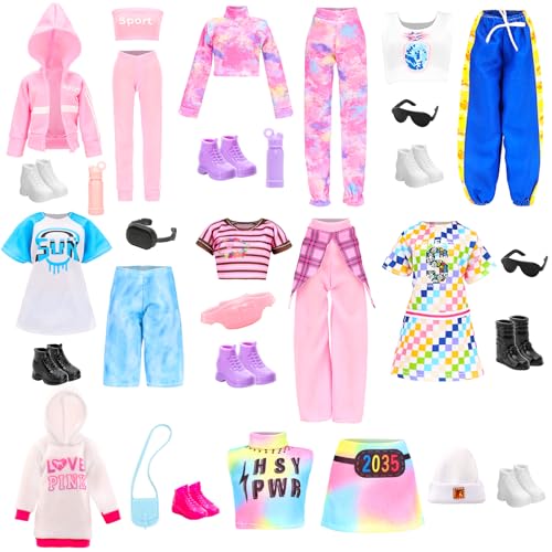 HONLAELLA 24 PCS Doll Clothes Accessories 8 Set Clothing Includes Sport Outfit Hooded Dress Sportsuits Skirt with 8 Pairs of Shoes 8 Accessories for 115 Inch Girl Dolls Cool Style Set - Image 1