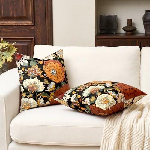 Tyrot Black Boho Floral Velvet Throw Pillow Covers 18x18 Inch Set of 2 Farmhouse Vintage Cushion Covers Mid Century Modern Botanical Home Decor Pillow Cases for Couch Bed Sofa Living Room Bedroom - Image 3