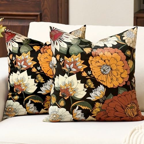 Tyrot Black Boho Floral Velvet Throw Pillow Covers 18x18 Inch Set of 2 Farmhouse Vintage Cushion Covers Mid Century Modern Botanical Home Decor Pillow Cases for Couch Bed Sofa Living Room Bedroom - Image 1
