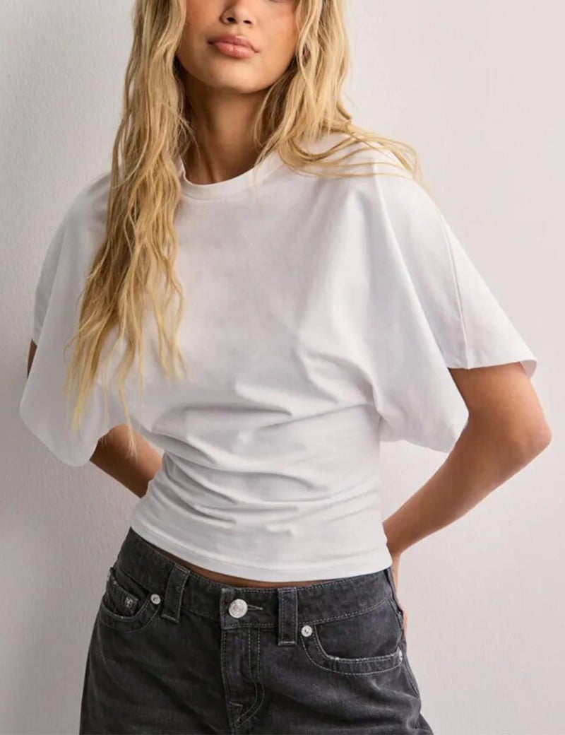 Lumister Shirts for Womens Crewneck Tighten Waist T-Shirt Casual Short Sleeve Workout Tops Solid Color Basic Tees(0781-White-S) - Image 4