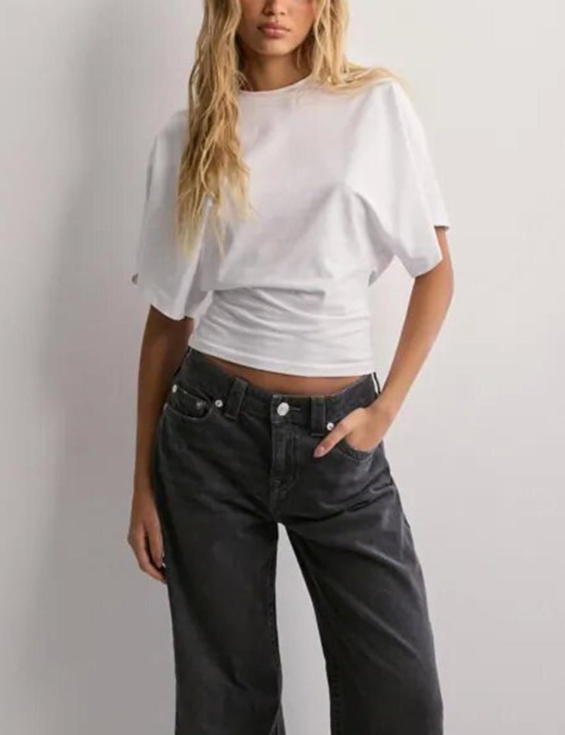 Lumister Shirts for Womens Crewneck Tighten Waist T-Shirt Casual Short Sleeve Workout Tops Solid Color Basic Tees(0781-White-S) - Image 2