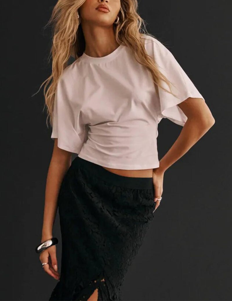 Lumister Shirts for Womens Crewneck Tighten Waist T-Shirt Casual Short Sleeve Workout Tops Solid Color Basic Tees(0781-White-S) - Image 3