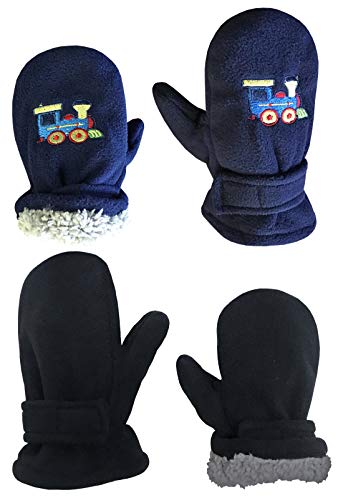 N'Ice Caps Baby Toddler Mittens Kids 2 Pairs Fleece Gloves Winter Warm Sherpa Lined (Navy Train/Black Solid Pack, 2-3 Years) - Image 1