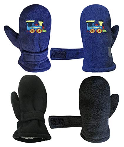 N'Ice Caps Baby Toddler Mittens Kids 2 Pairs Fleece Gloves Winter Warm Sherpa Lined (Navy Train/Black Solid Pack, 2-3 Years) - Image 2
